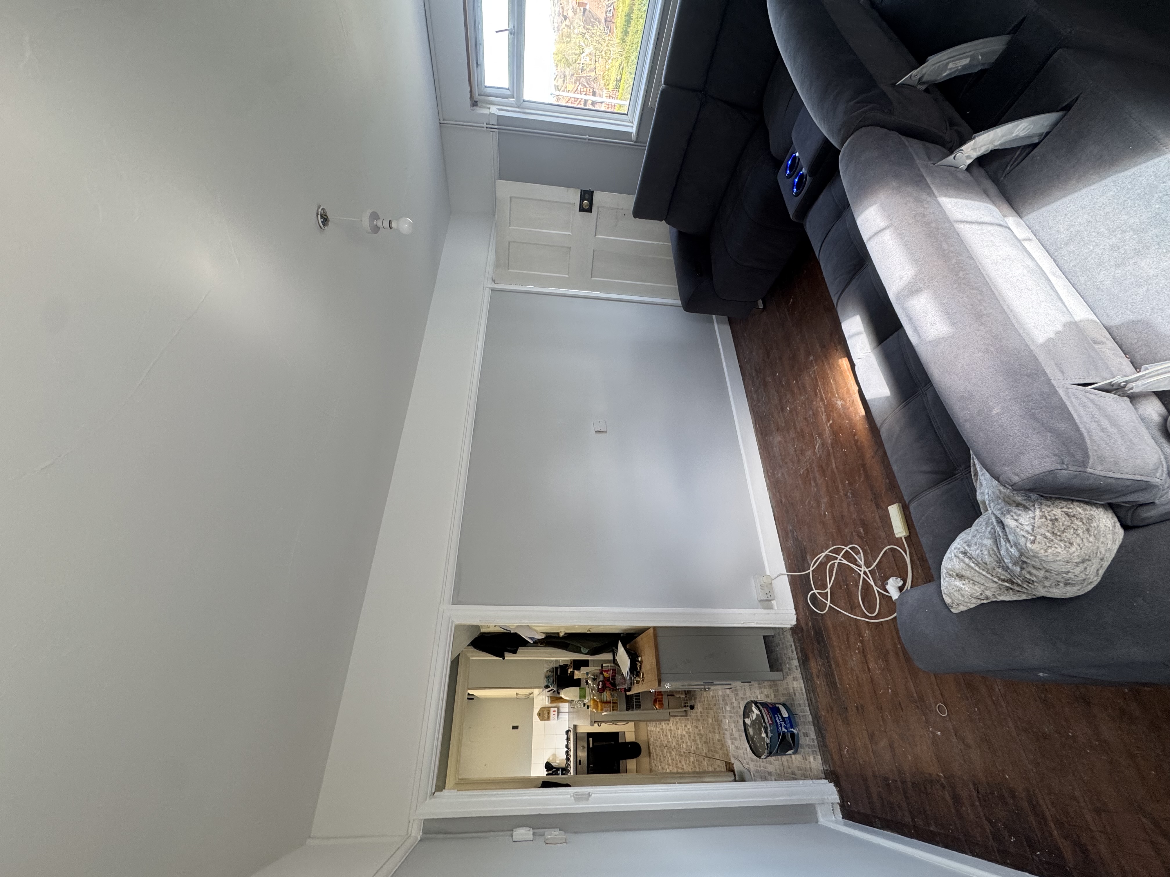 Living room with grey walls and period features